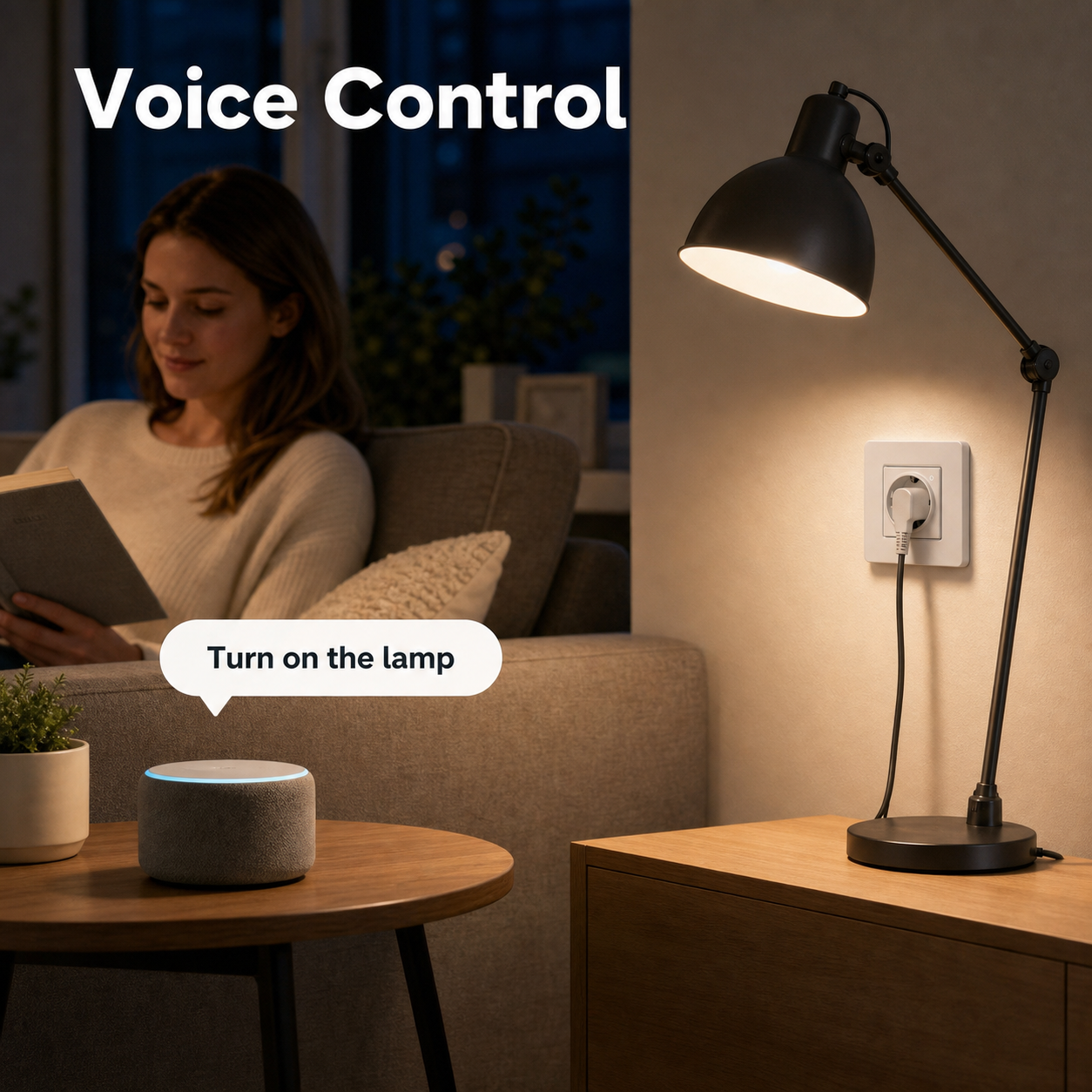 Voice control lifestyle image for EU Zigbee wall socket and lamp