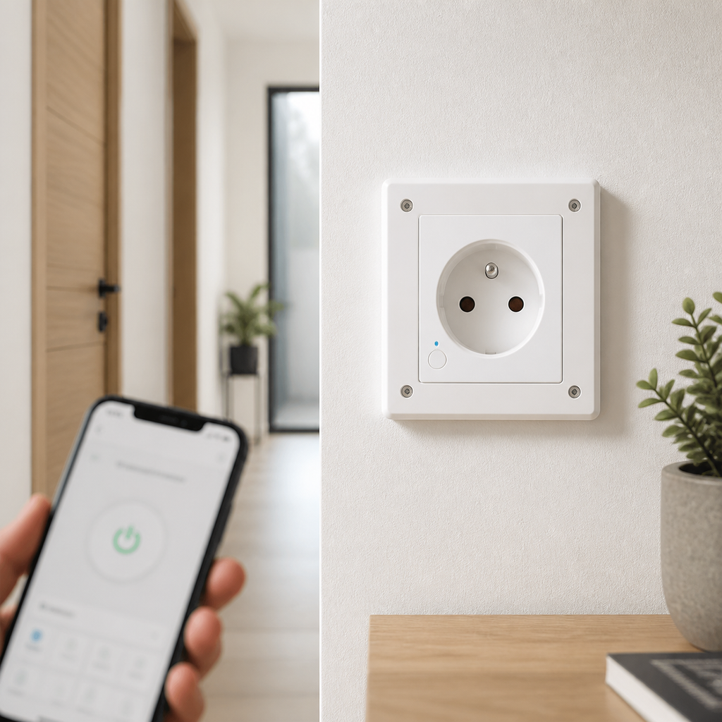 Prise murale Wi-Fi Matter installée dans un intérieur moderne
