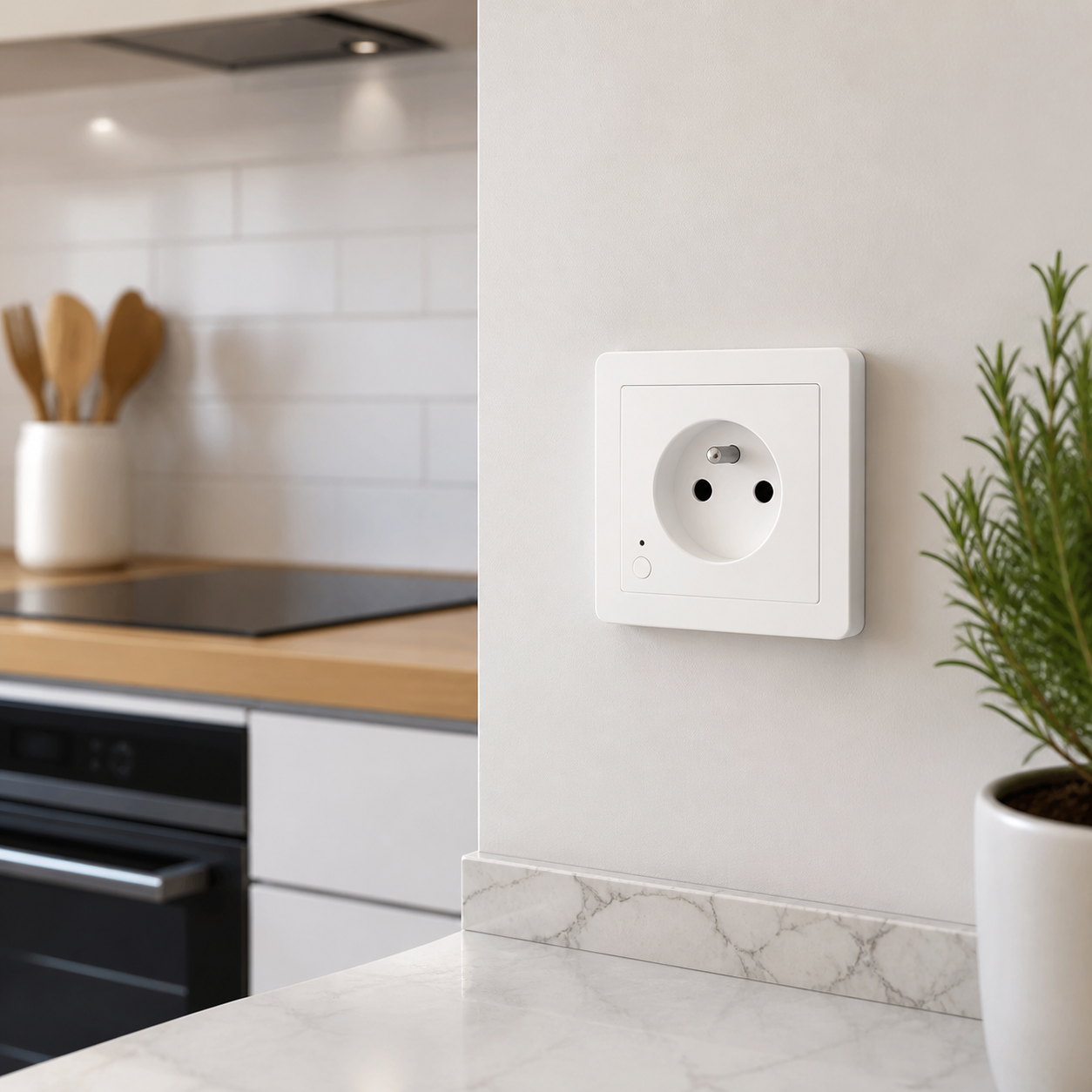 Prise connectée murale Type E installée dans une cuisine moderne