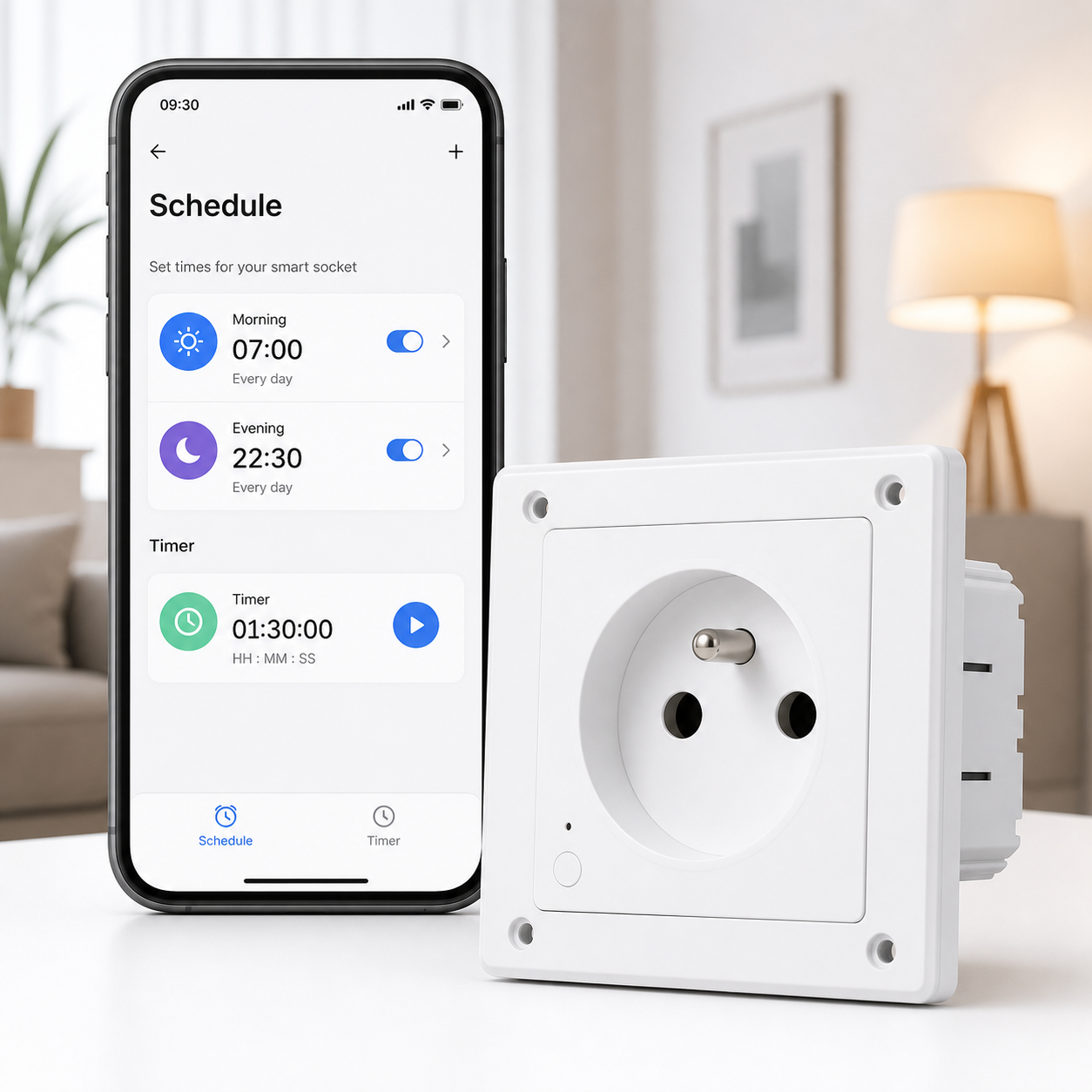 Programmation et minuterie pour prise murale connectée