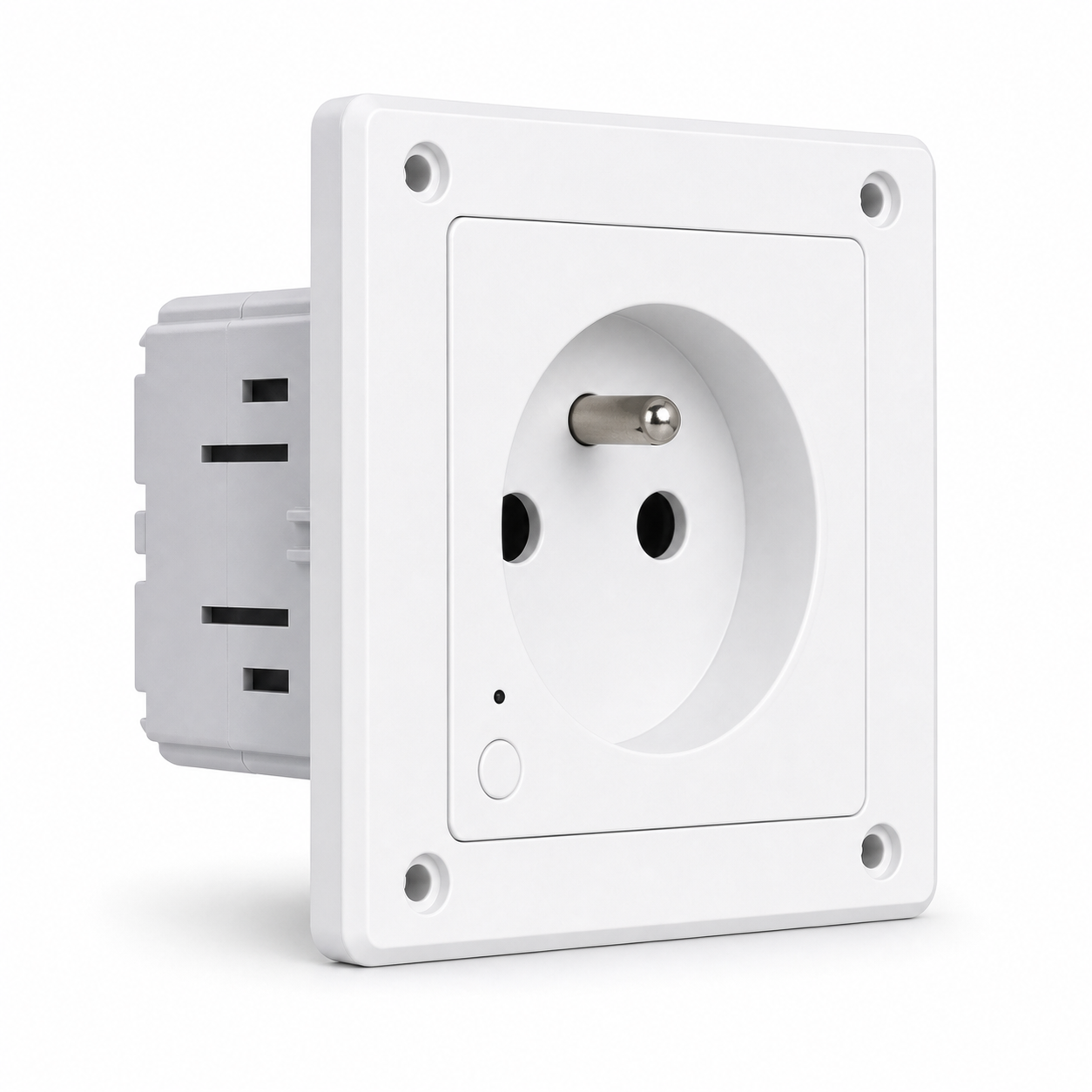 Prise murale Wi-Fi Matter Type E NéoPlug Wall Matter Pro avec profondeur et connecteurs visibles sur fond blanc