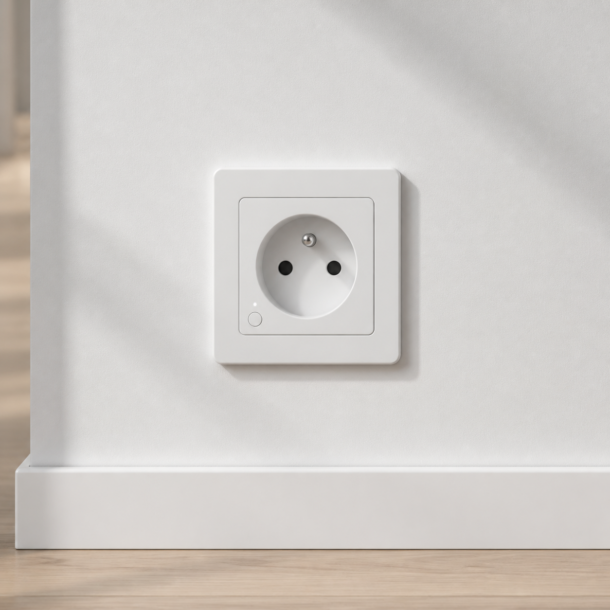 Prise murale connectée installée sur mur blanc minimal