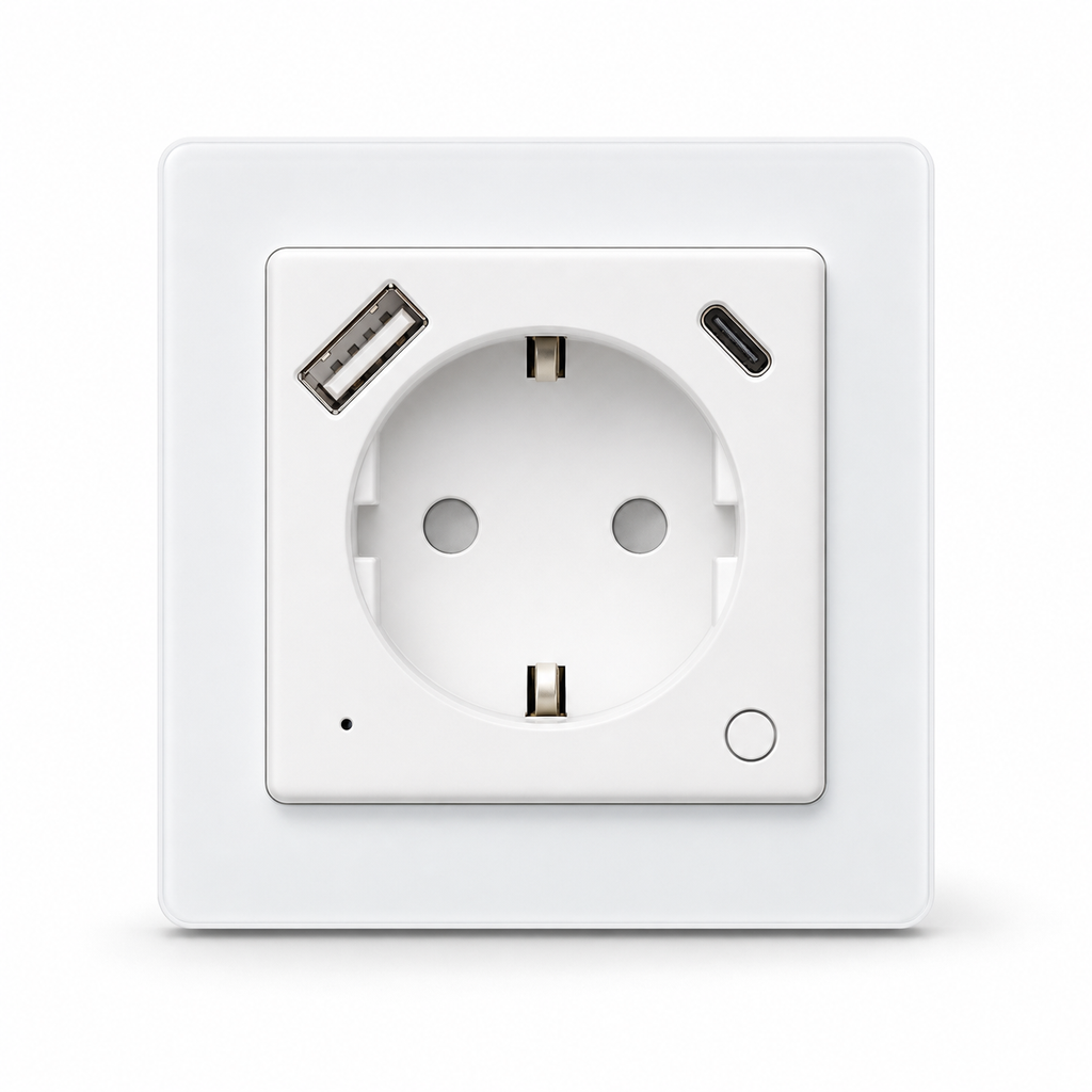 Studio packshot of white EU WiFi wall socket with USB-A and USB-C ports