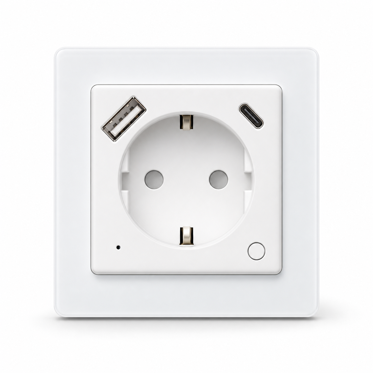 Studio packshot of white EU WiFi wall socket with USB-A and USB-C ports