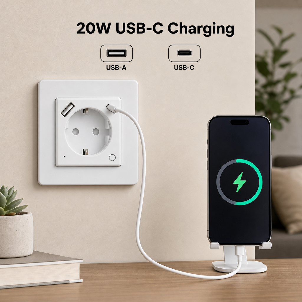USB-C charging feature for white EU WiFi wall socket
