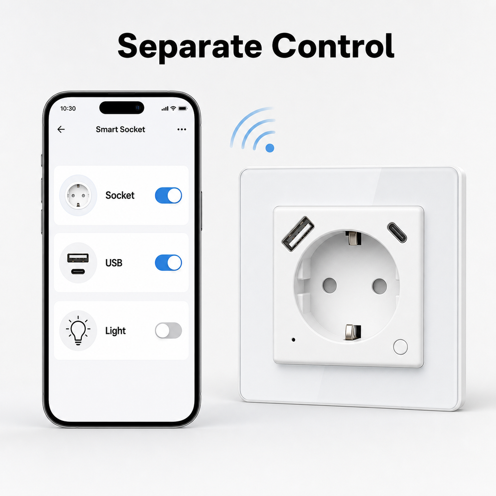 Separate control interface for socket USB ports and indicator light