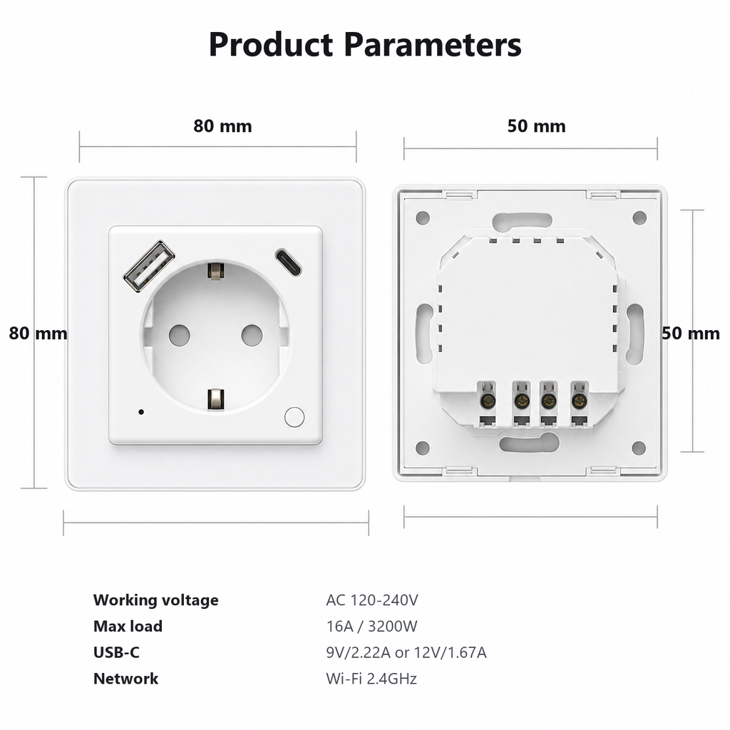 Product dimensions and electrical parameters for WiFi wall socket