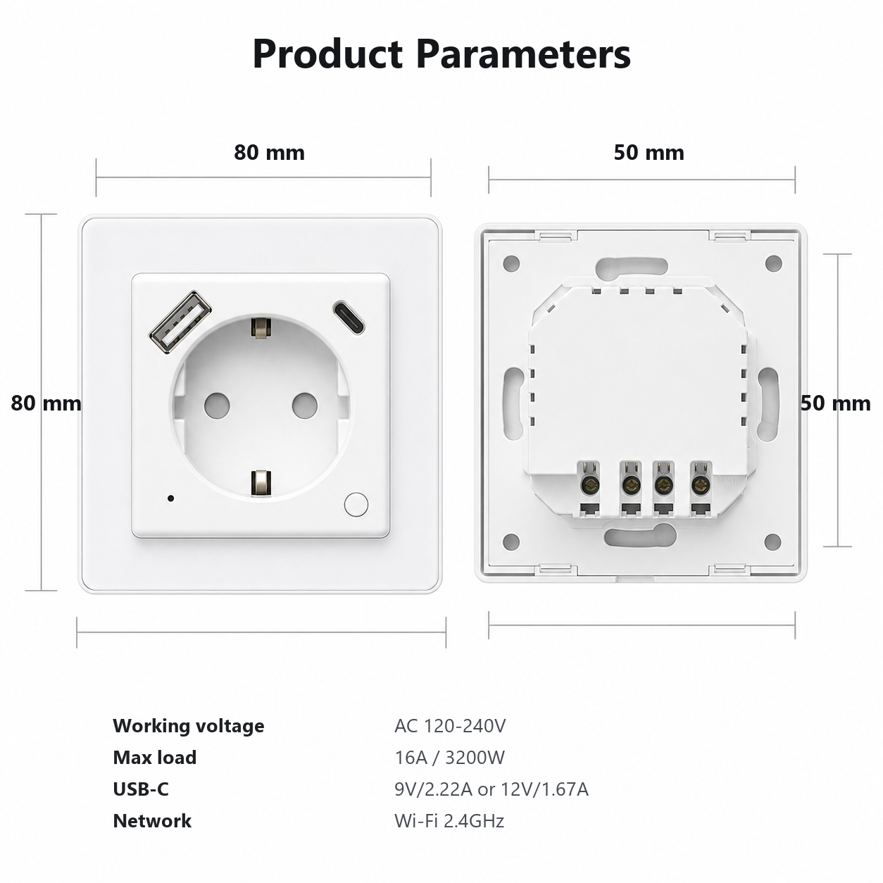 Product dimensions and electrical parameters for WiFi wall socket