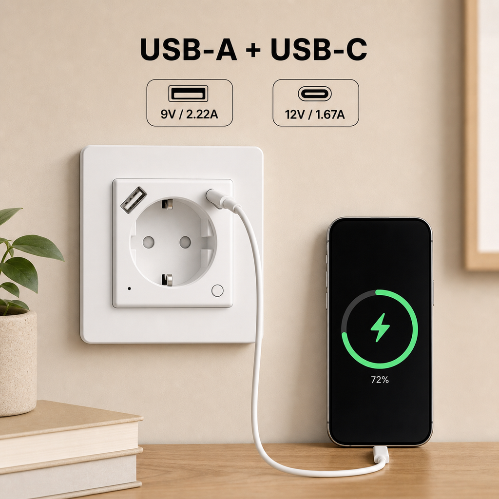 USB-A and USB-C charging ports on white WiFi wall socket