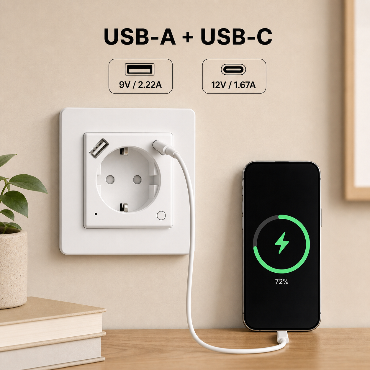 USB-A and USB-C charging ports on white WiFi wall socket