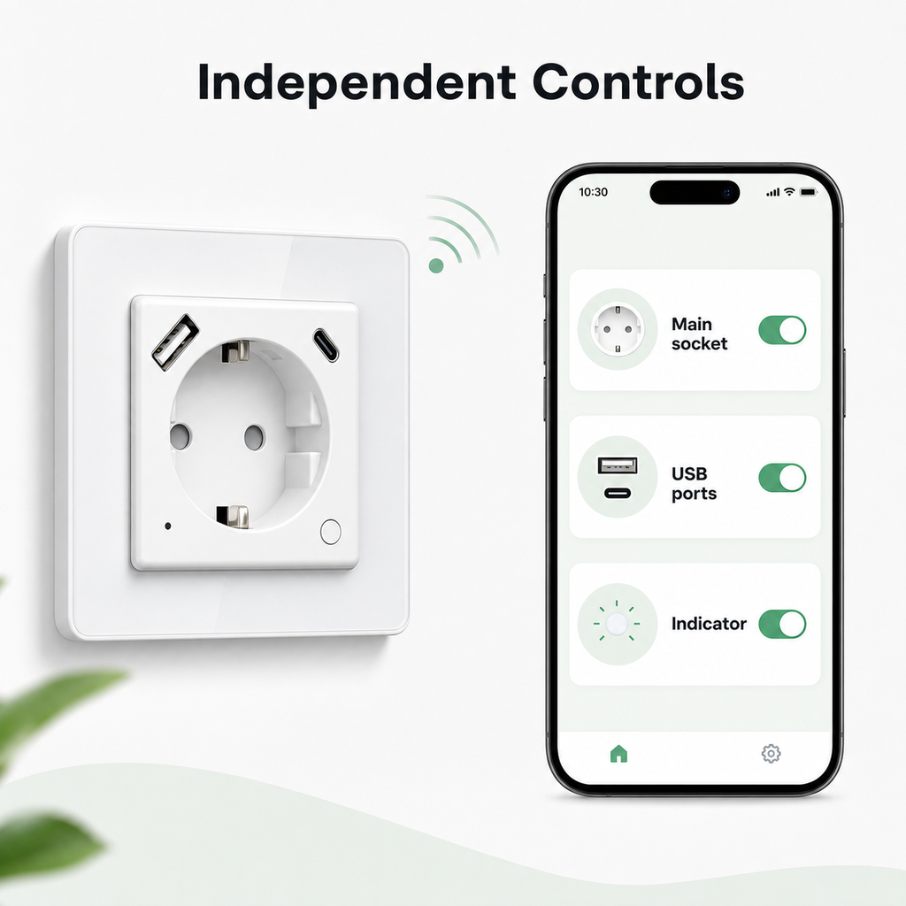 Independent control tiles for main socket USB ports and indicator