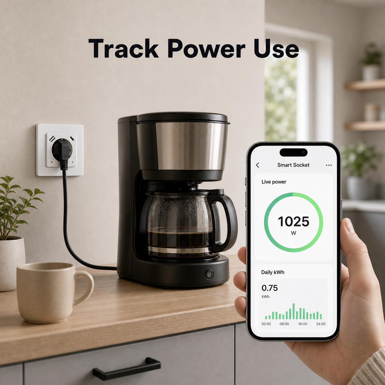 Track power use feature for WiFi wall socket with appliance