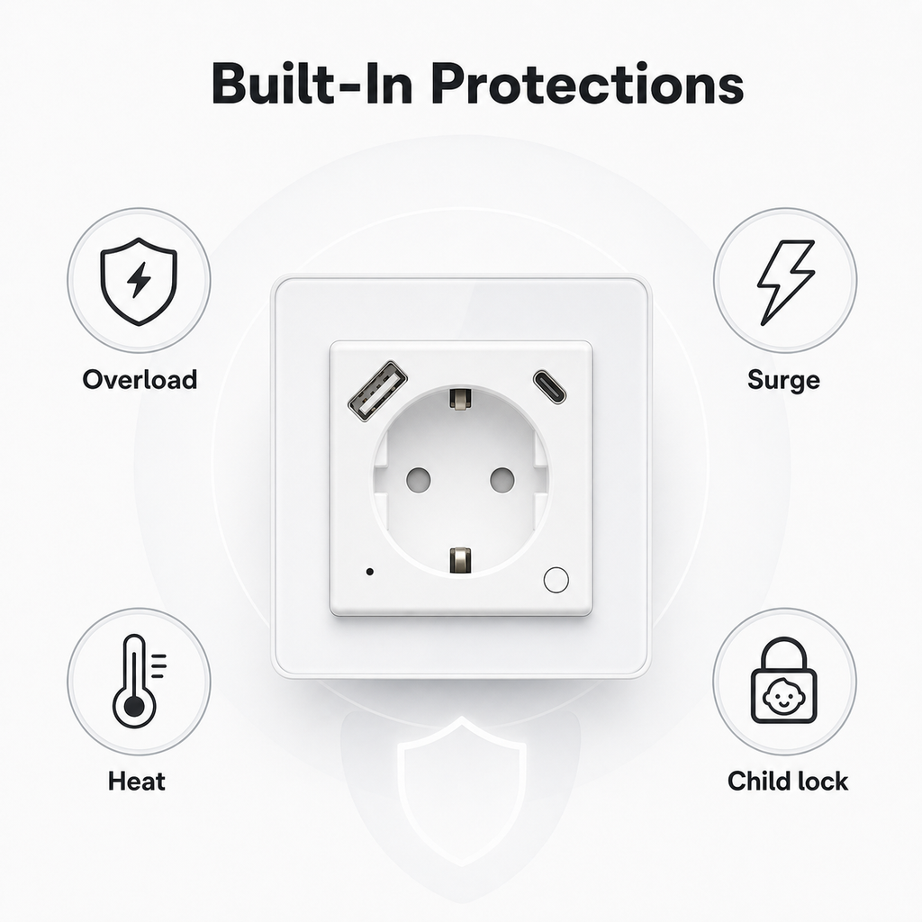 Built-in protection icons around white WiFi wall socket
