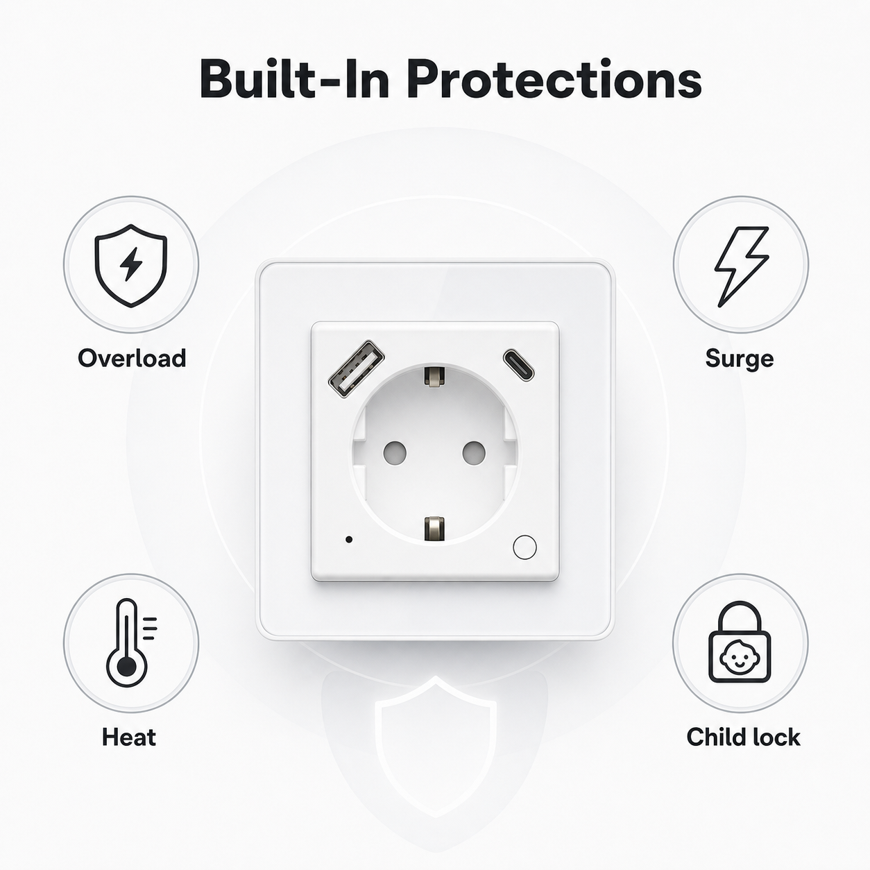 Built-in protection icons around white WiFi wall socket