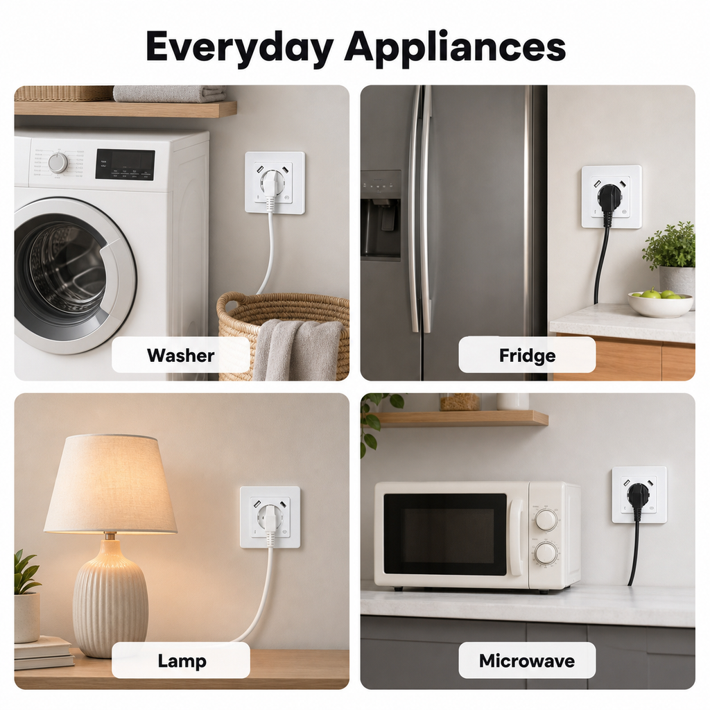 Everyday appliance scenes using white WiFi wall socket