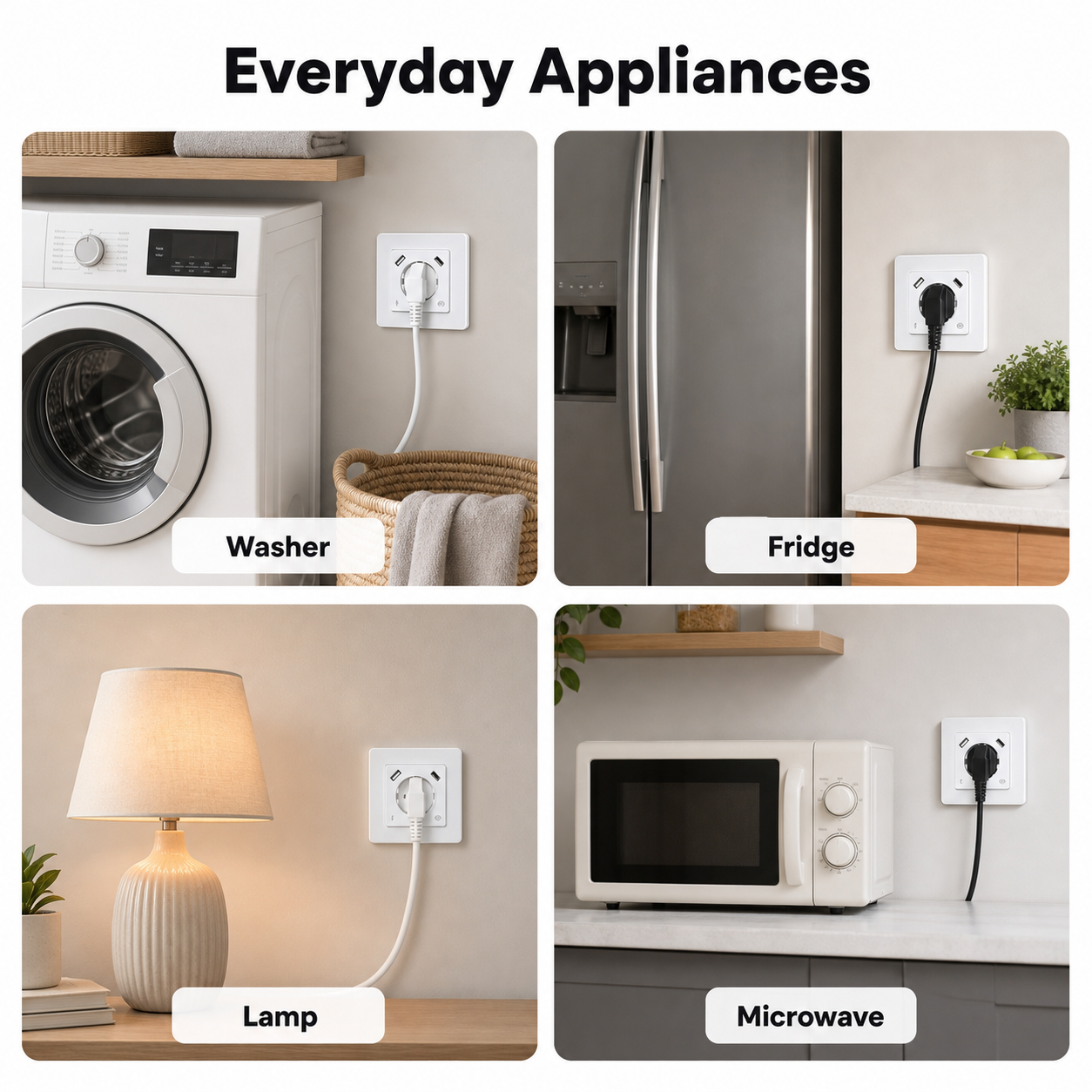 Everyday appliance scenes using white WiFi wall socket