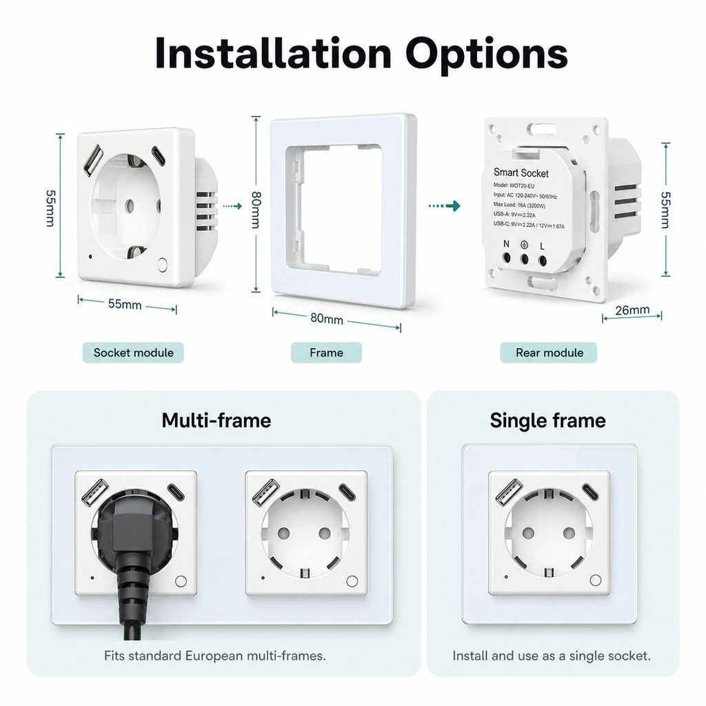 Installation options for white EU WiFi wall socket