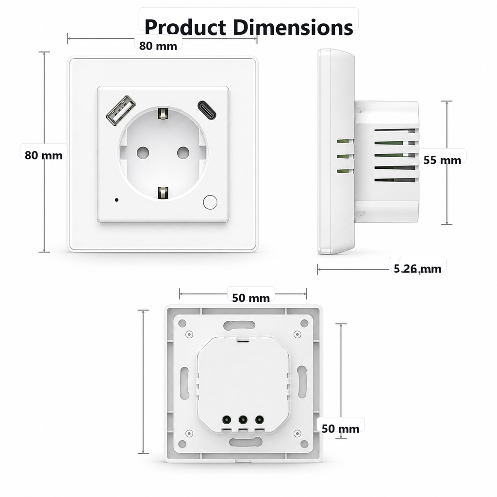 Product dimensions of white EU wall socket with USB ports