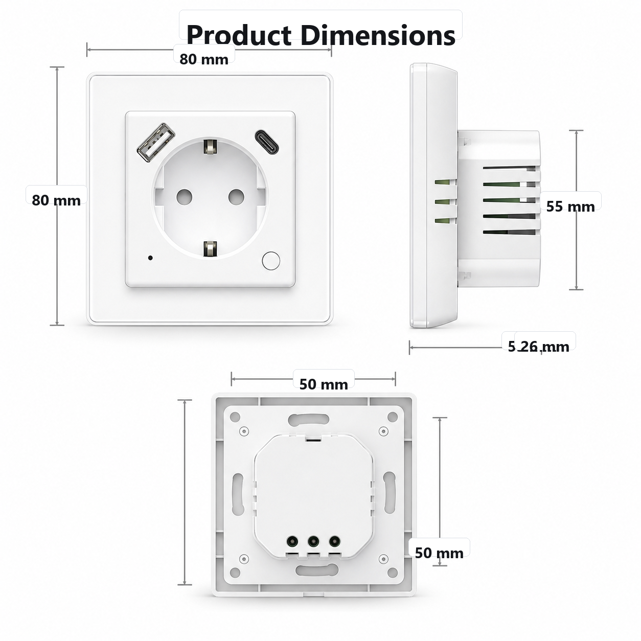Product dimensions of white EU wall socket with USB ports