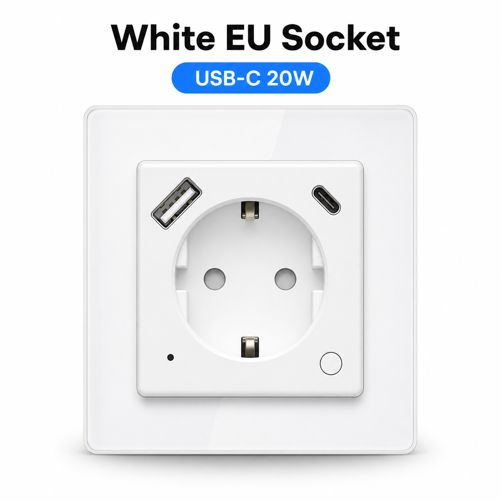 White EU socket variant with USB-C 20W charging
