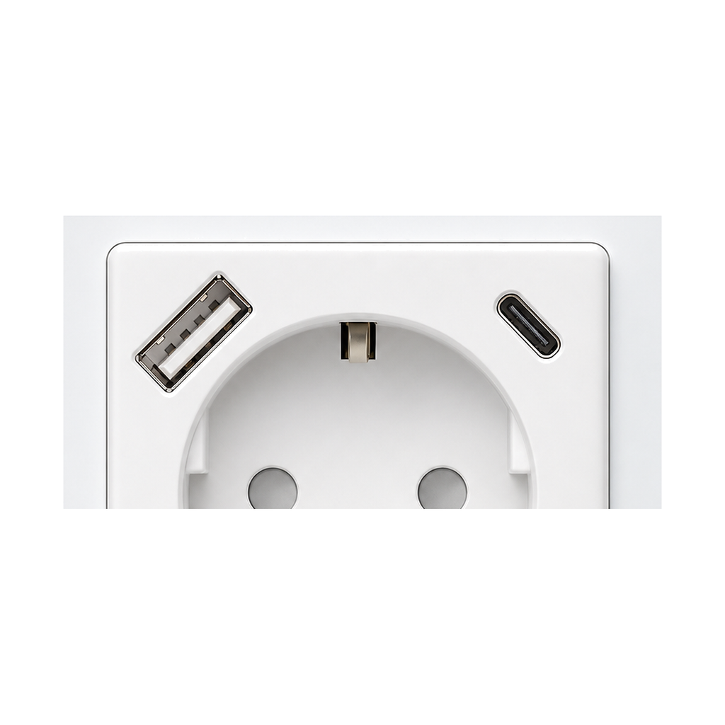 Détail des ports USB-A et USB-C de la prise murale Wi-Fi NéoPlug sur fond blanc
