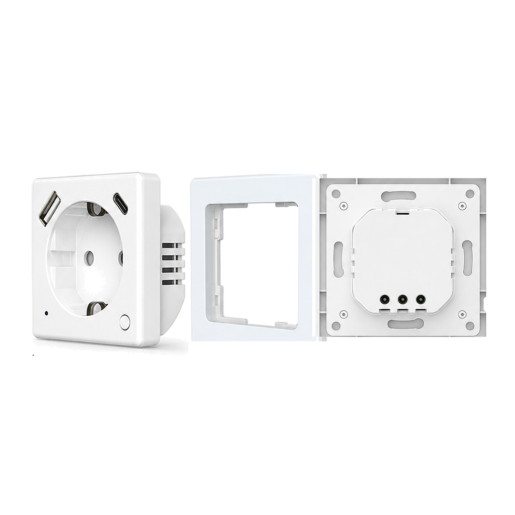 Kit d'installation de la prise murale Wi-Fi NéoPlug avec module et cadre sur fond blanc