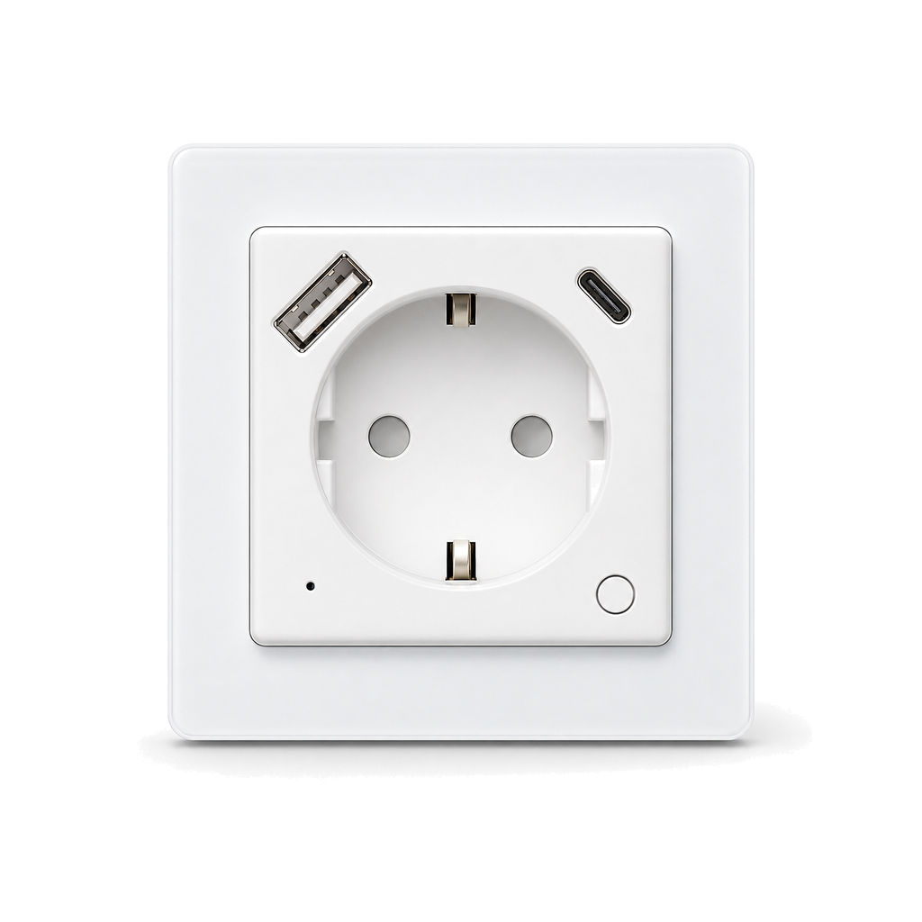 Prise murale Wi-Fi blanche NéoPlug avec ports USB-A et USB-C sur fond blanc