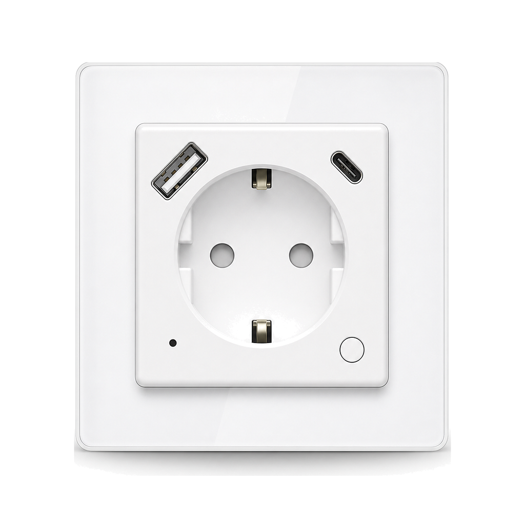 Prise murale Wi-Fi blanche format européen avec ports USB sur fond blanc