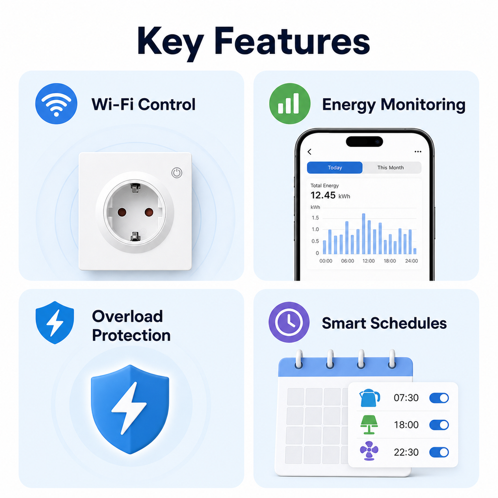 Grille des fonctions clés de la prise murale Wi-Fi Type F avec suivi énergie