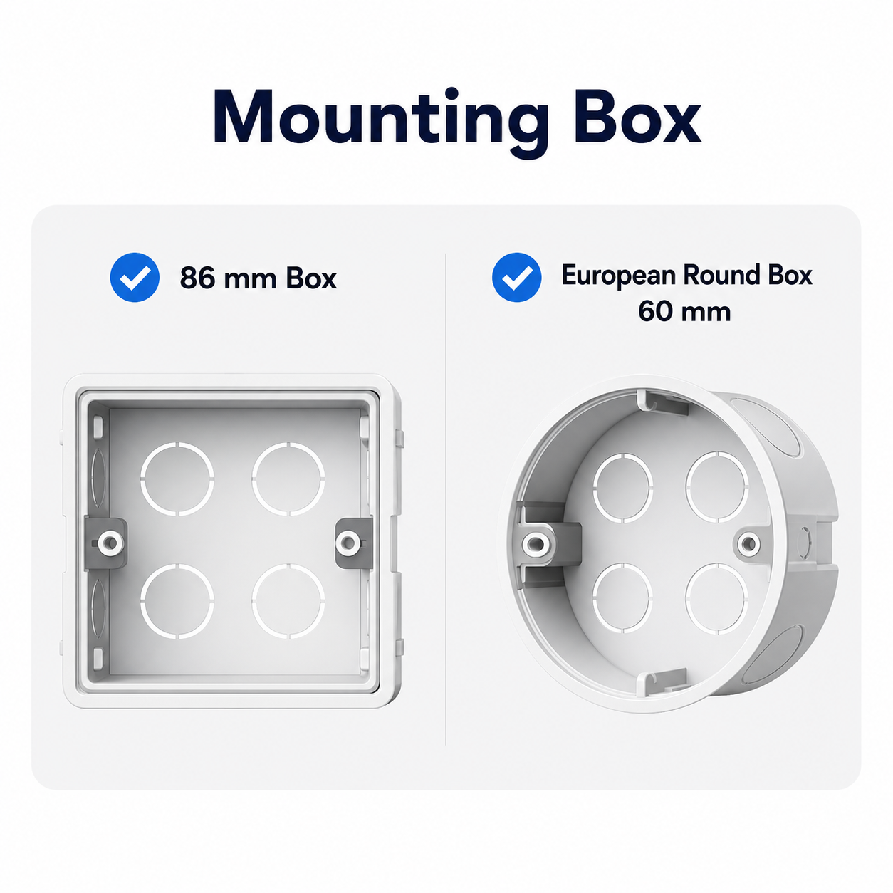 Compatibilité avec boîte d'encastrement 86 mm et boîte ronde européenne 60 mm