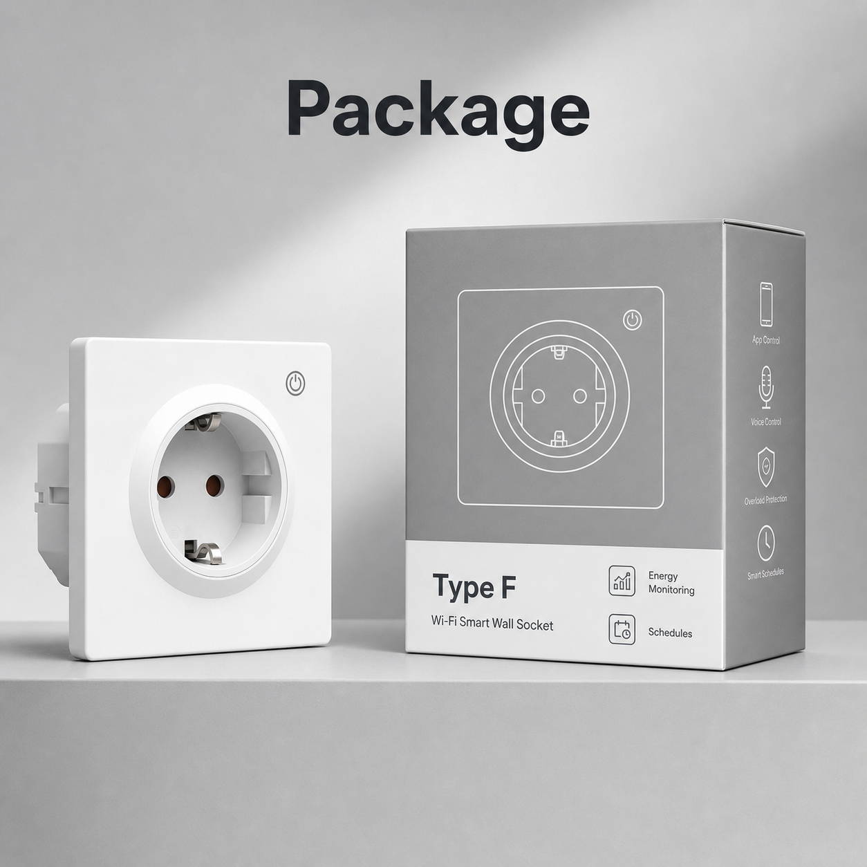 Packshot studio de la prise murale Type F avec emballage neutre