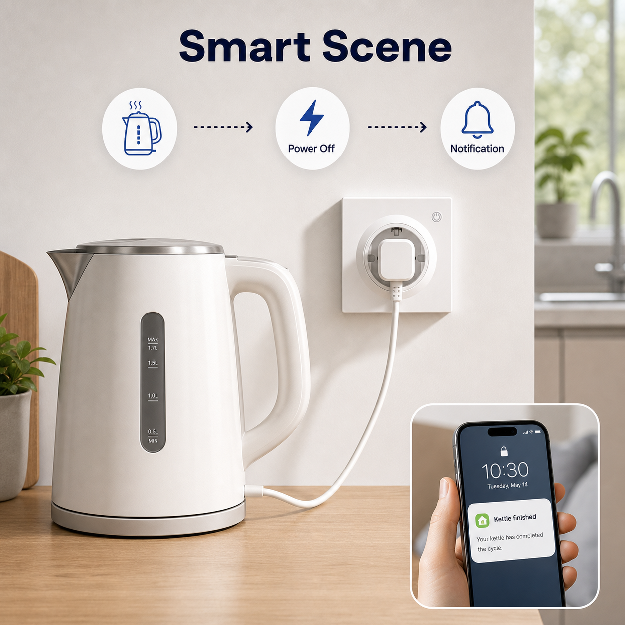 Scène intelligente avec bouilloire et notification pour prise murale Wi-Fi