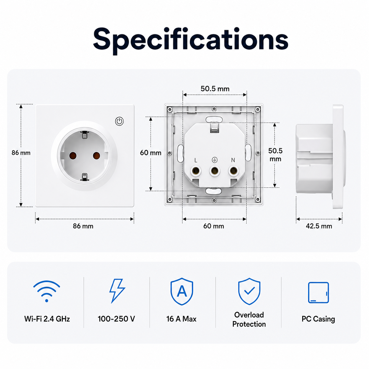 Dimensions et spécifications de la prise murale Wi-Fi Type F 86 mm