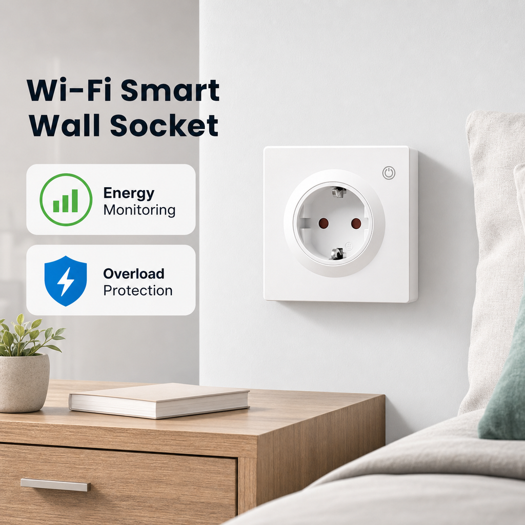 Packshot lifestyle de la prise murale Wi-Fi Type F avec suivi énergie
