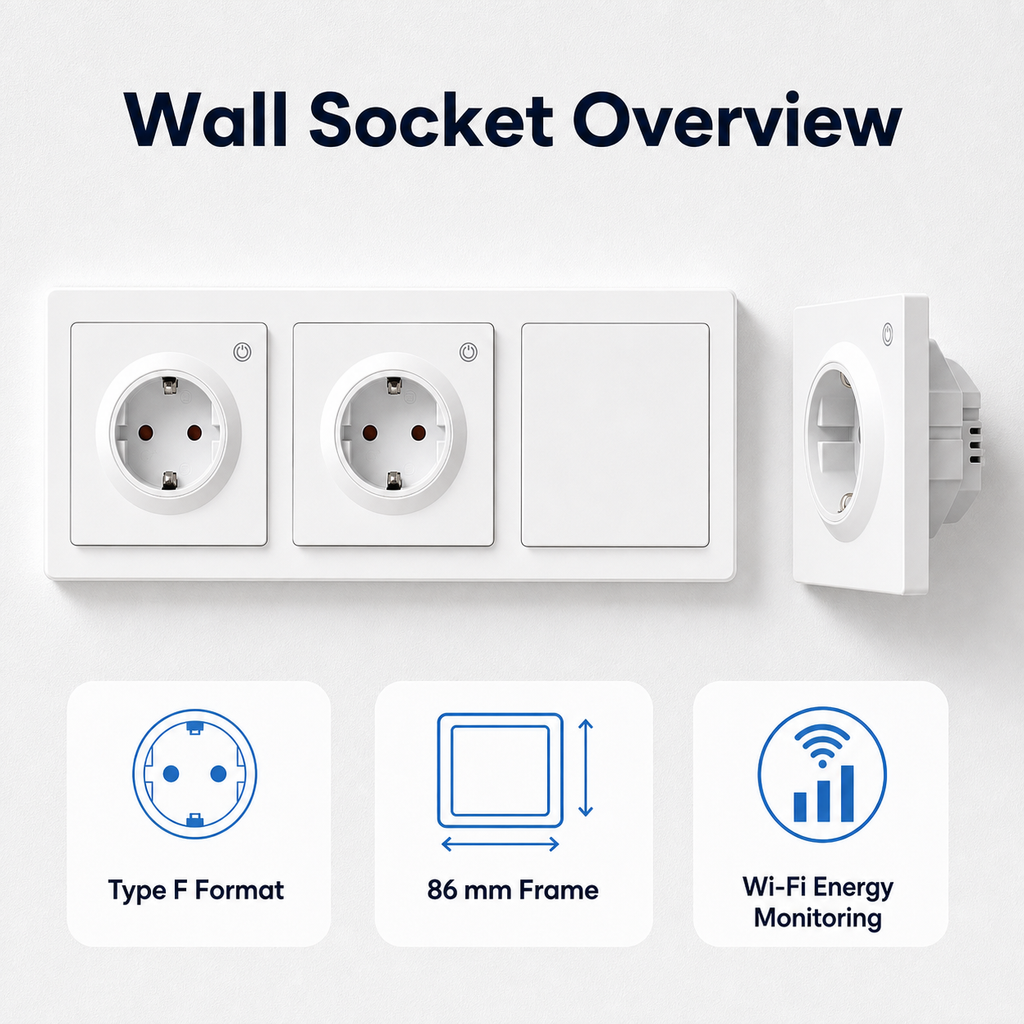 Aperçu de la prise murale Type F Wi-Fi avec format 86 mm et suivi énergie
