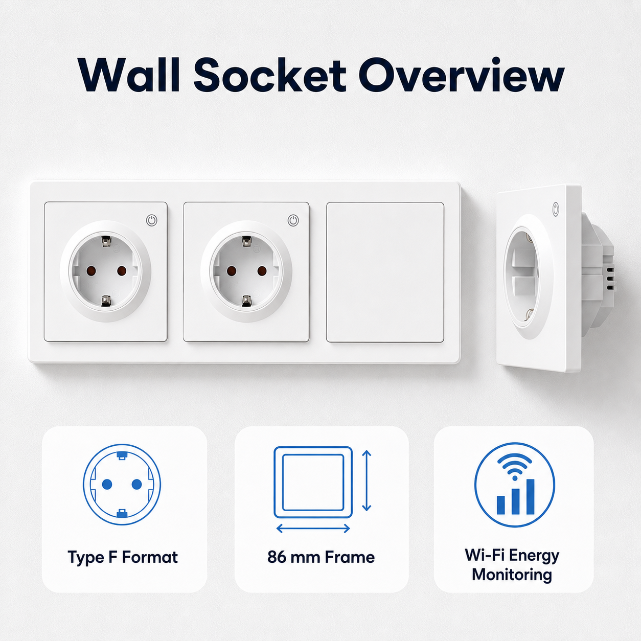 Aperçu de la prise murale Type F Wi-Fi avec format 86 mm et suivi énergie