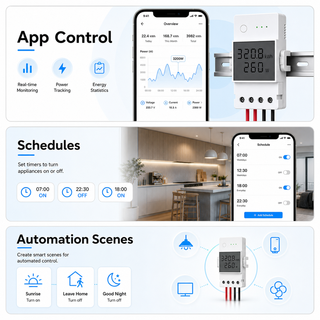 App control, schedules and automation scenes for Wi-Fi energy meter