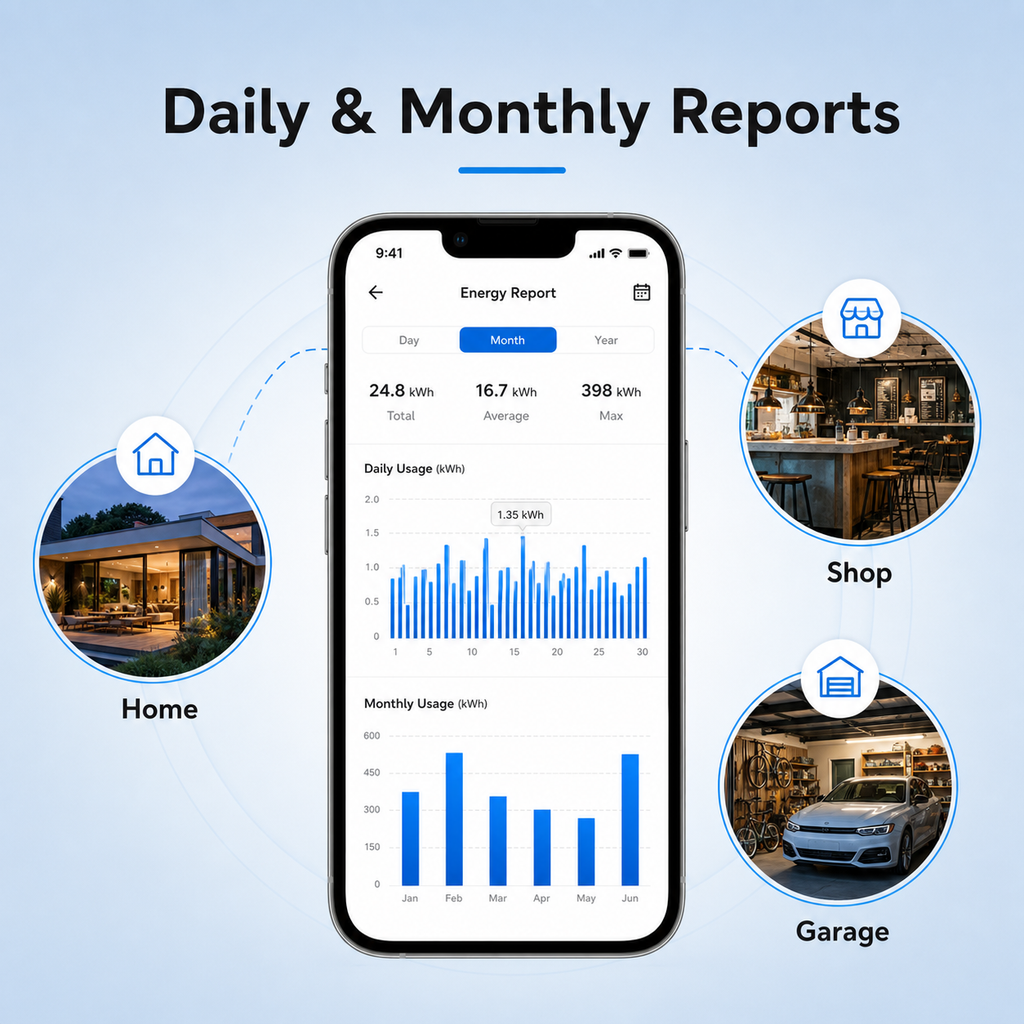 Daily and monthly energy reports on app dashboard for Wi-Fi power meter