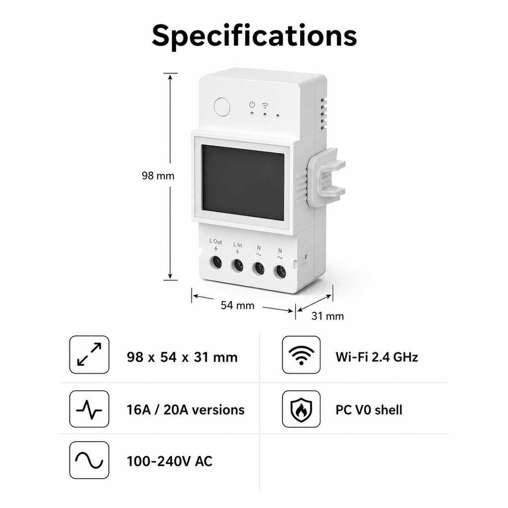 Dimensions and specifications for Wi-Fi DIN-rail power meter module