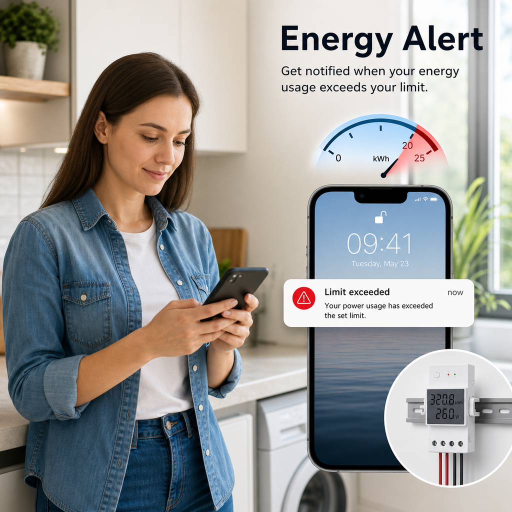 Energy alert lifestyle image with phone notification and power meter module
