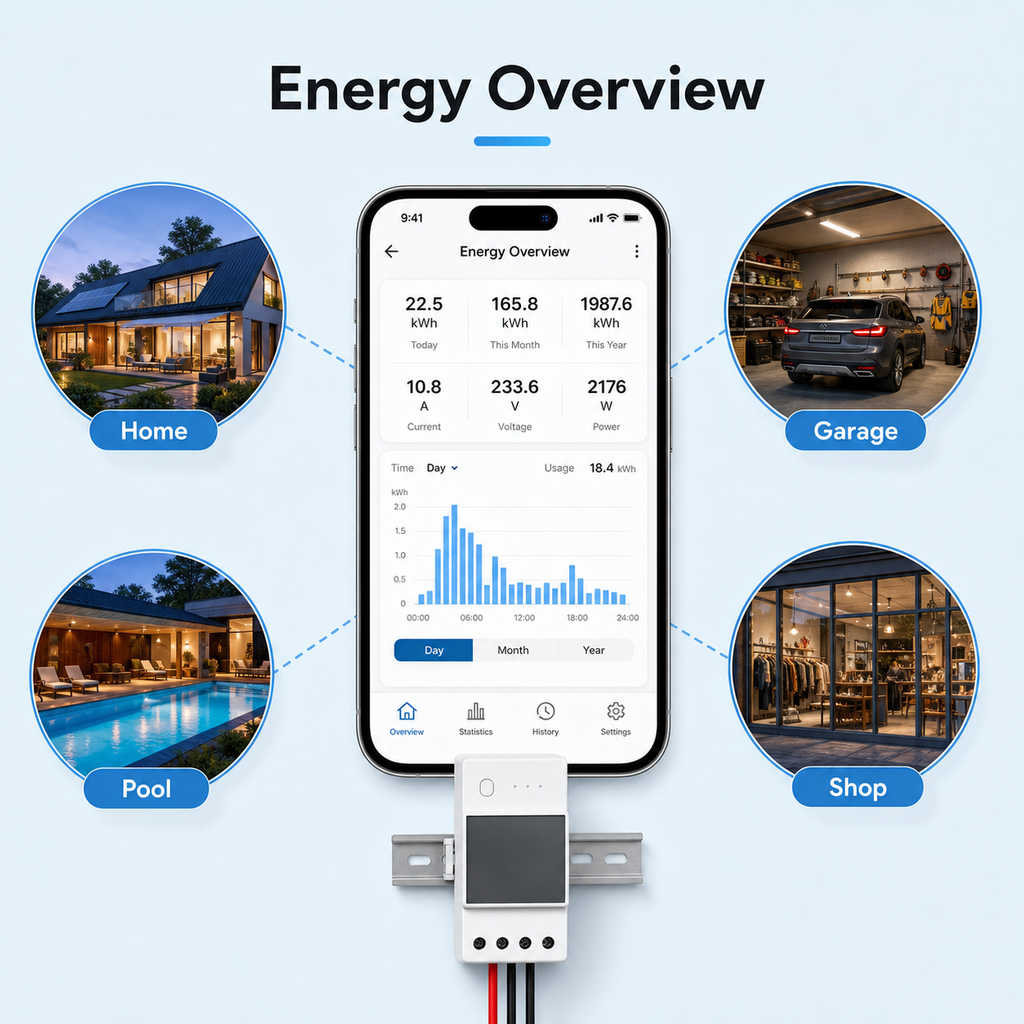 Energy overview app dashboard for Wi-Fi power meter module