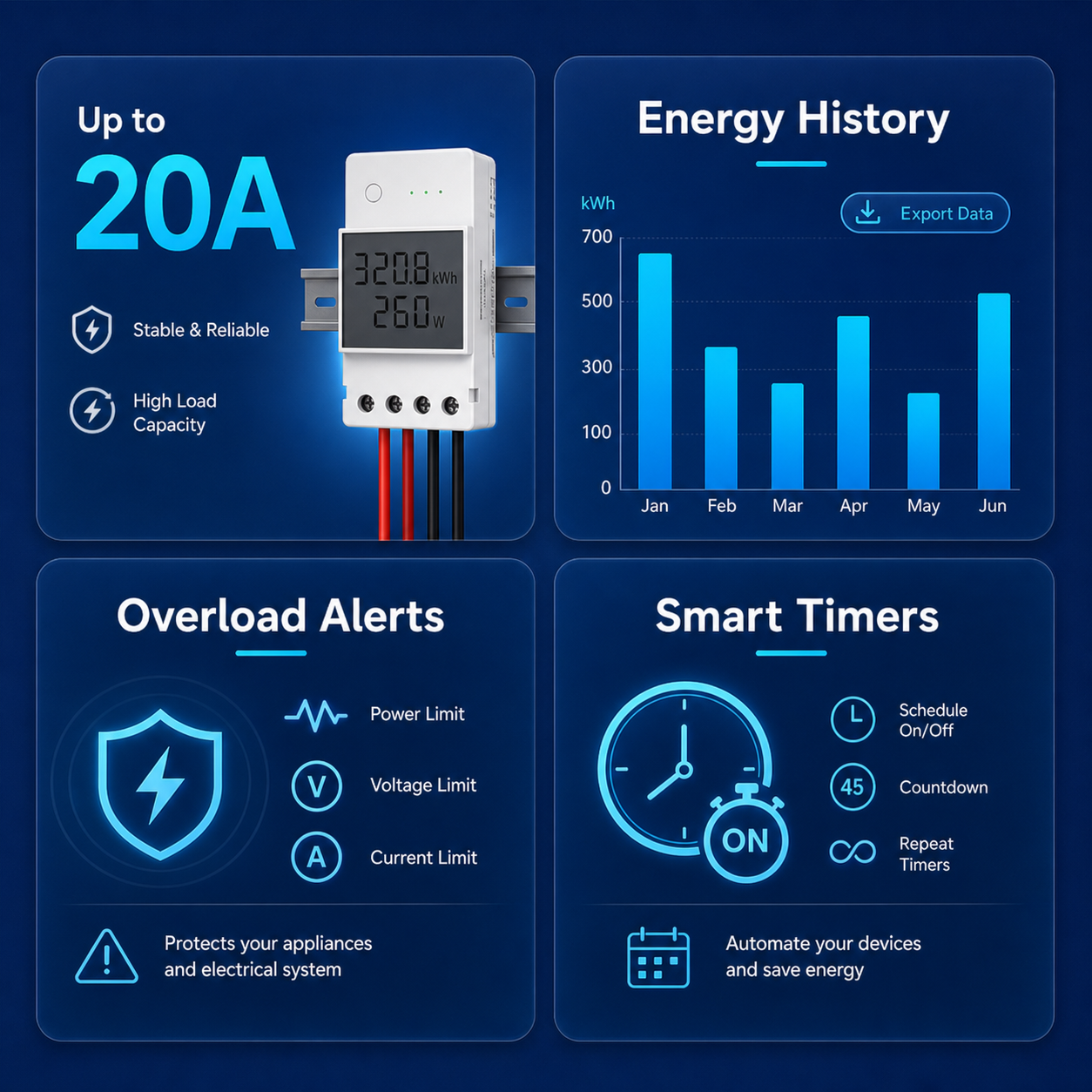 Four key features of Wi-Fi power meter including 20A, history, overload alerts and timers