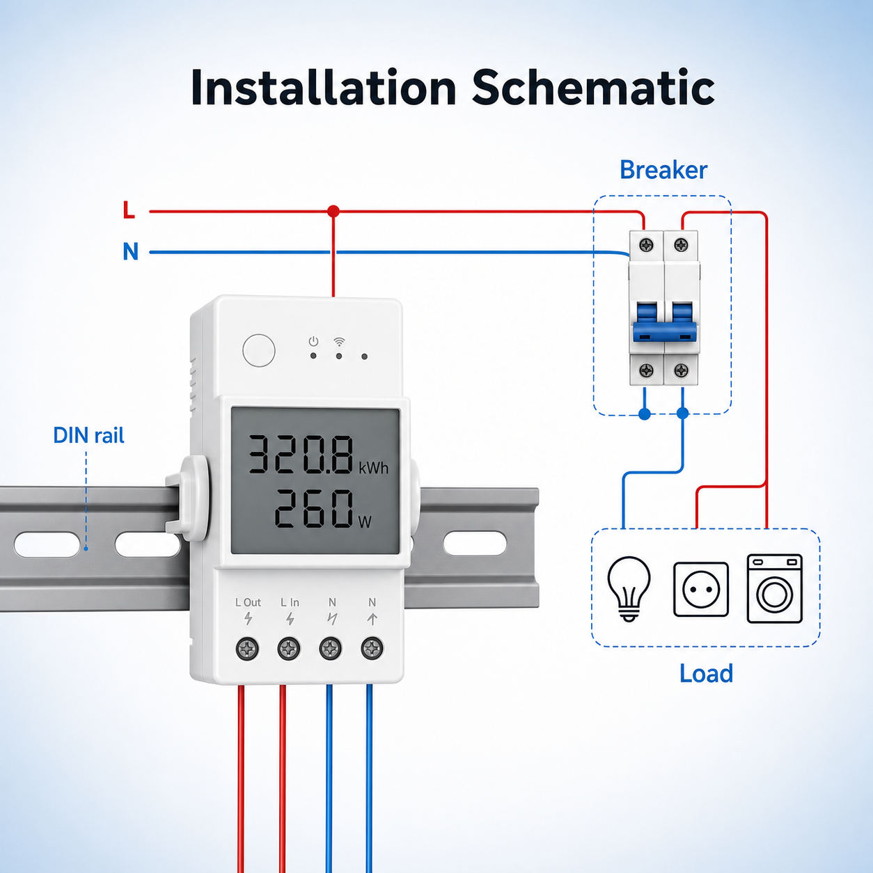 Installation schematic for Wi-Fi power meter module on DIN rail