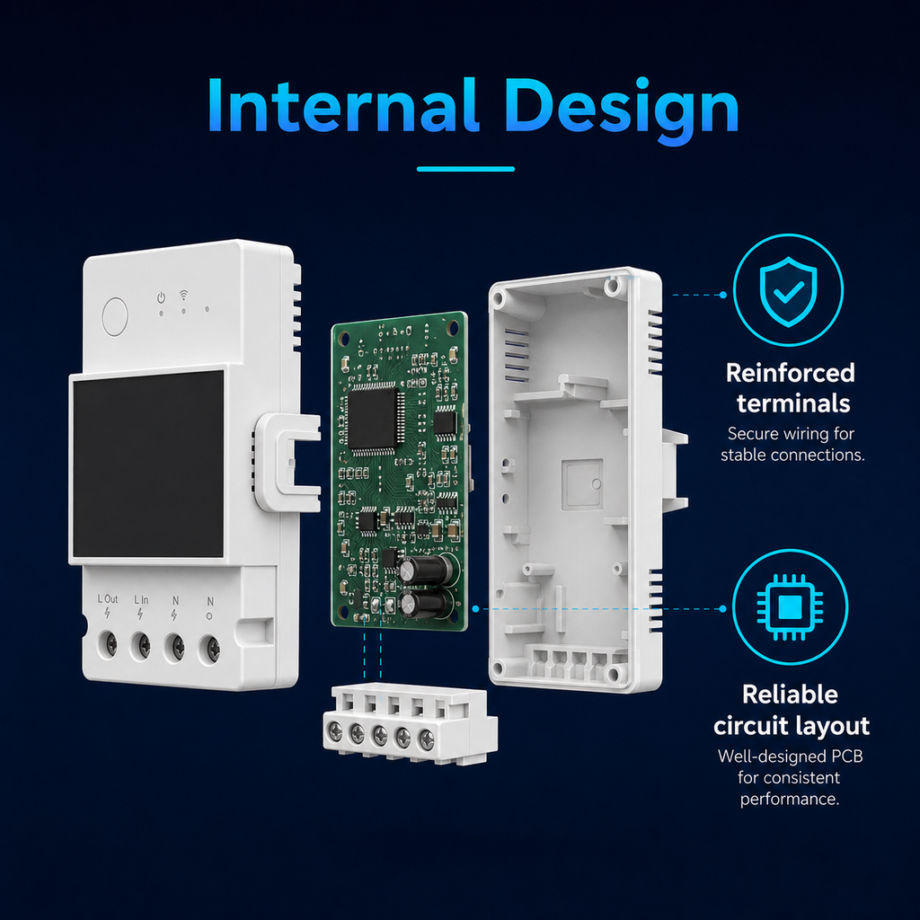 Internal design of DIN-rail power meter module with circuit board and casing