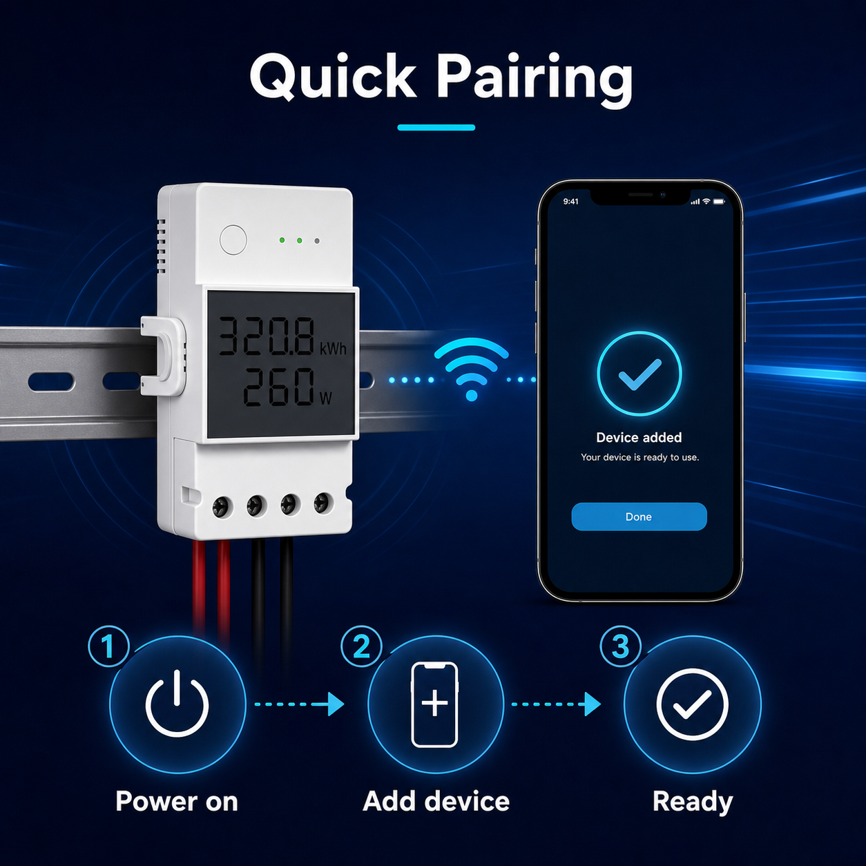 Quick pairing setup for Wi-Fi DIN-rail power meter module