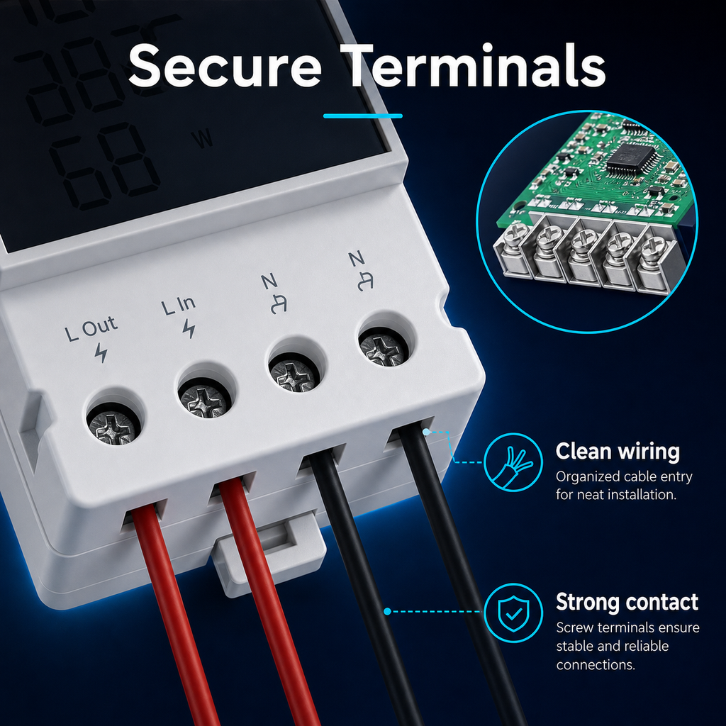 Secure terminals detail for Wi-Fi energy meter module wiring