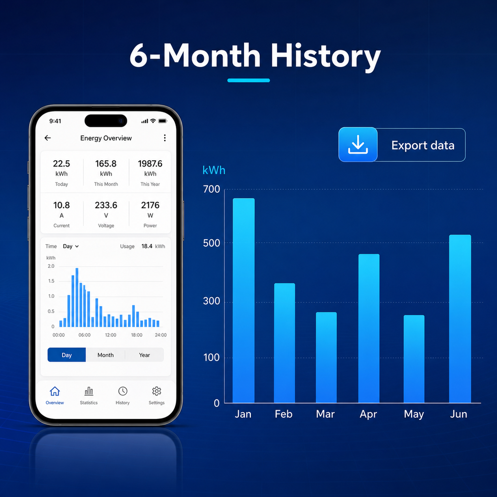 Six-month energy history chart for Wi-Fi power meter module