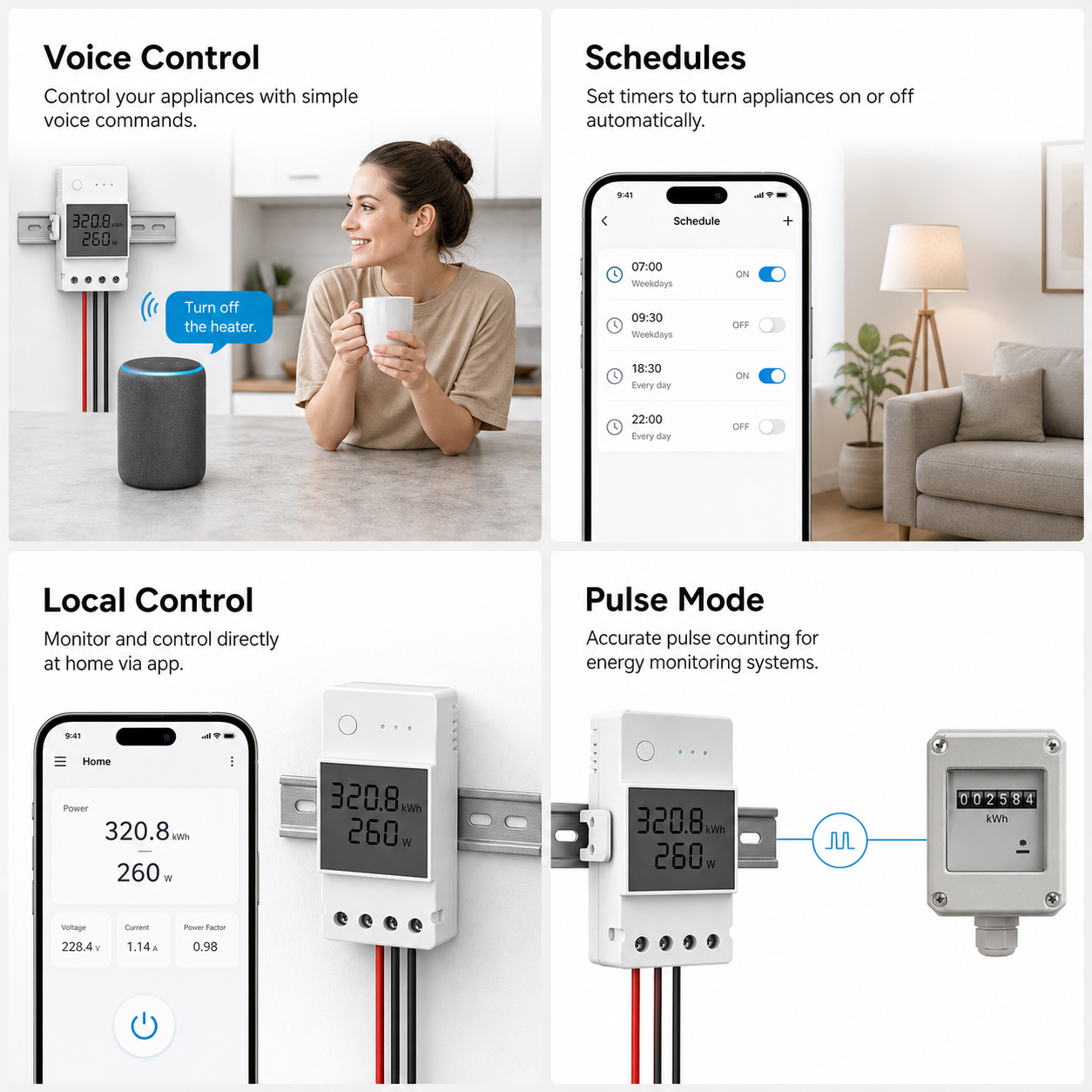 Smart control features for Wi-Fi energy meter with voice control, schedules, local control and pulse mode