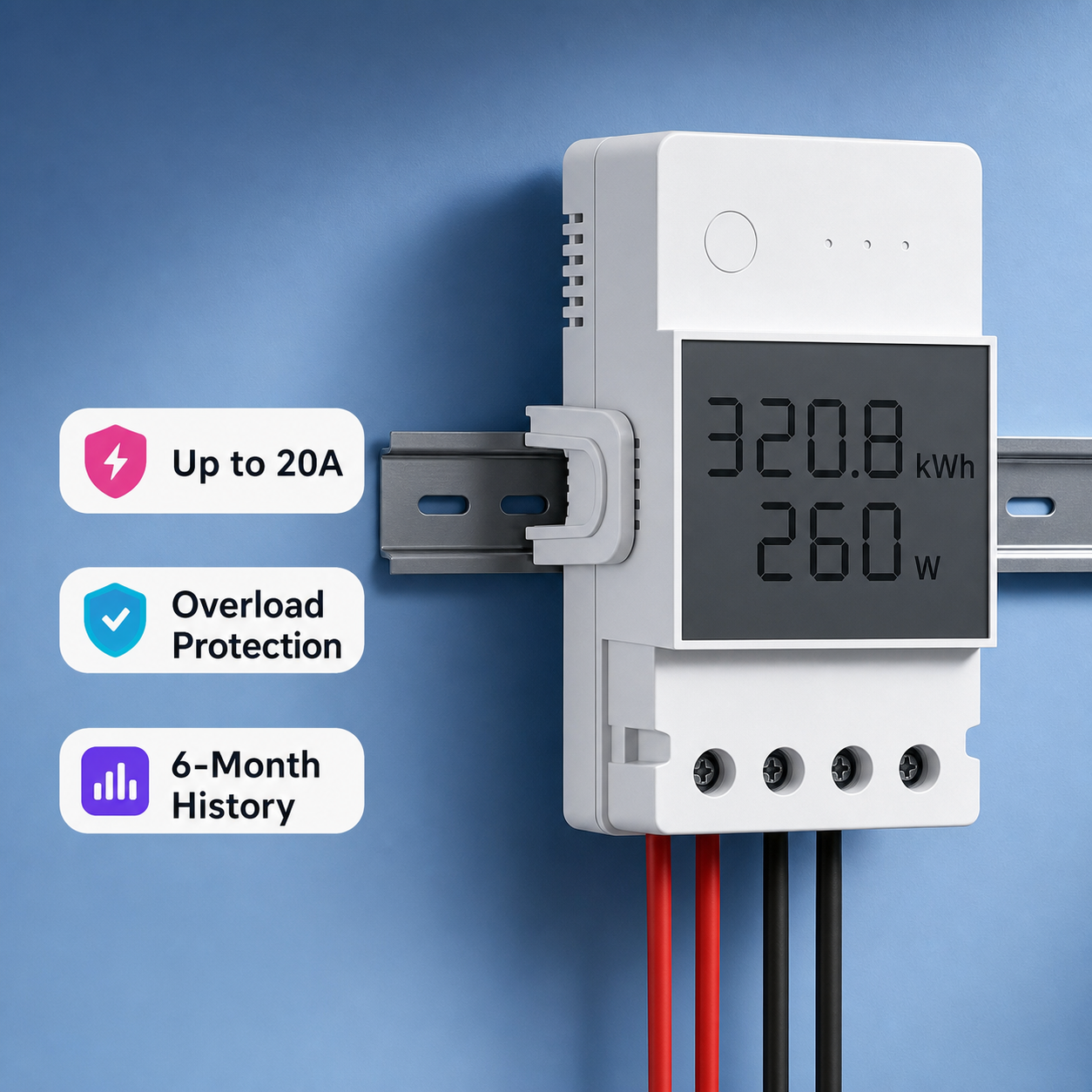 Wi-Fi energy meter module on DIN rail with 20A, overload protection and history highlights