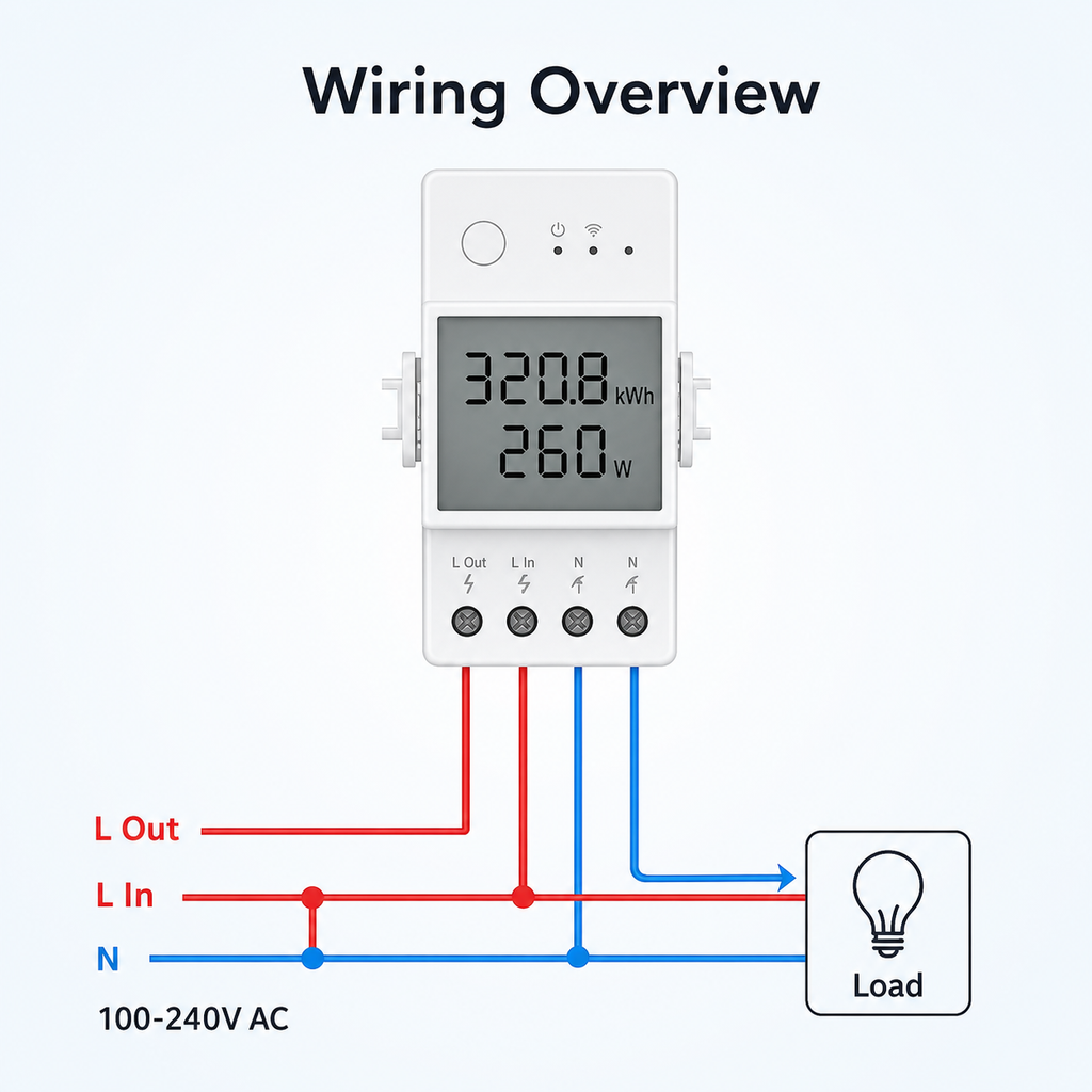 Wiring overview for Wi-Fi DIN-rail power meter module